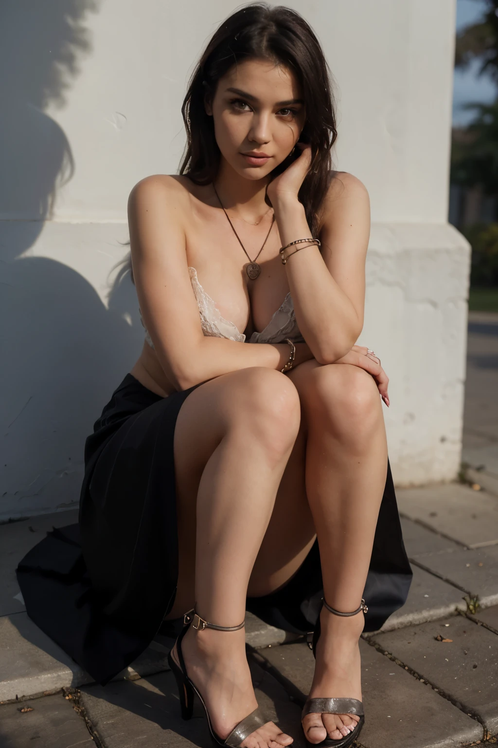 ((ultra realistic), ((masterpiece)), ((detailed)), ((detailed face)), perfect eyes, detailed eyes, 20 years old, slim body girl, slim face, beautiful , big black eyes, perfect eyes, detailed eyes, ((natural face)), ((night view)), big ass, medium breast, big waist, cleavage, wearing elegant onepiece cloth, ((unique cloth)), ((pose like supermodel)), sitting, nice hairstyle, black hairs, front facing, ((full body)), against the light, bare back, bare shoulders, ((heels)), bracelet, handbag, ((shadows on body)), ((low light)), ((necklace))