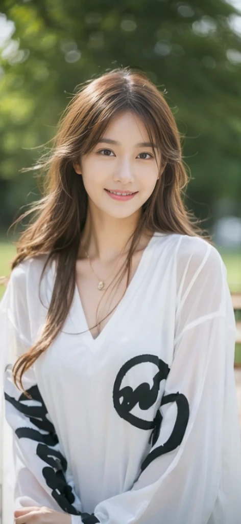 (on the table, best quality, realistically, Super detailed, meticulous, high resolution, 8K wallpaper), Close-up portrait of a beautiful woman, Chariada, smiling, light brown messy hair, Perfect dynamic composition, 美丽meticulous的眼睛, Just like the cover of a fashion magazine, On campus