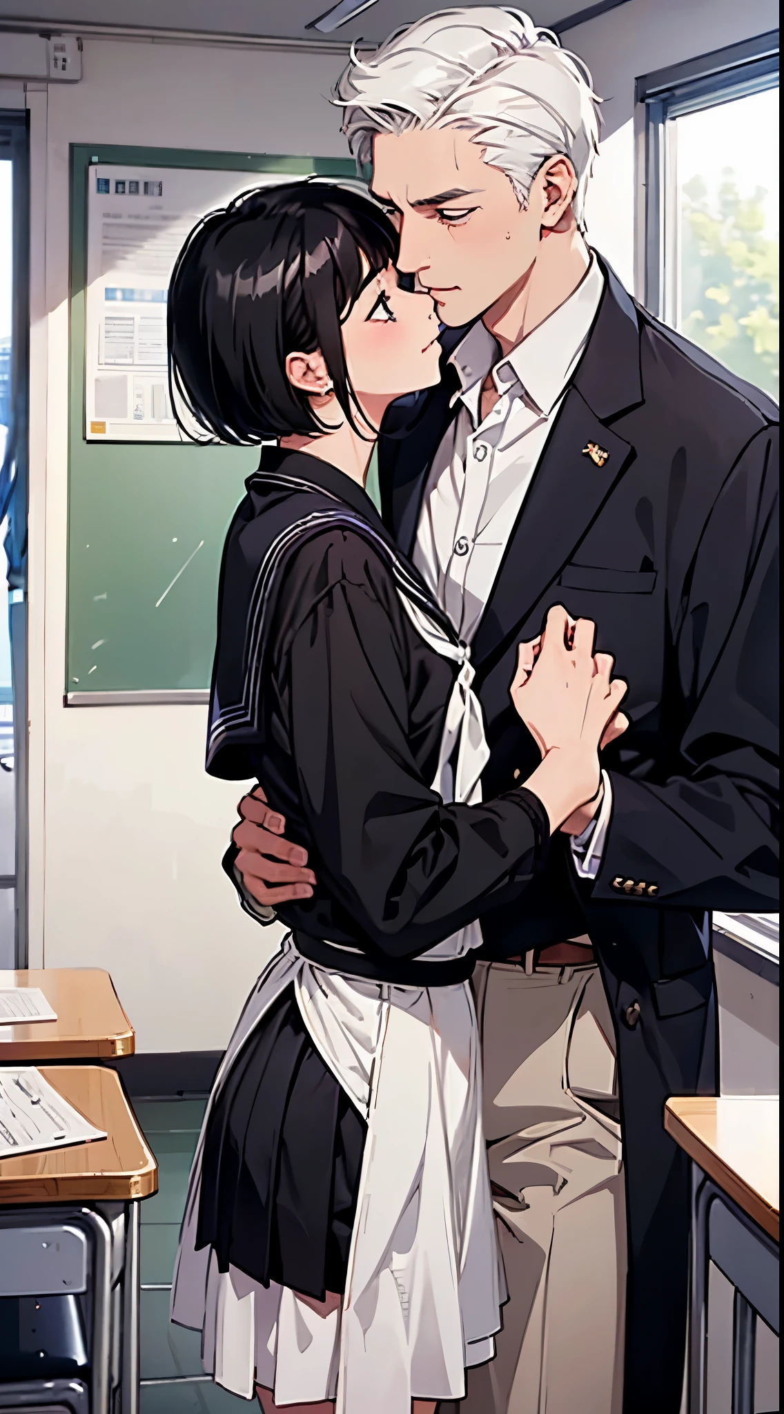 Classroom, white breath、open clothes, Drooling from the mouth、orgasm, (hetero), vaginal penis, (motion line), girl straddling on boy, hug, face to face, kiss, from side,school uniform, blazer, classic style with white shirt, formal look, Thick pubic hair、Fair skin、Updo、Side view、Motion lines of trembling effect with sexual climax