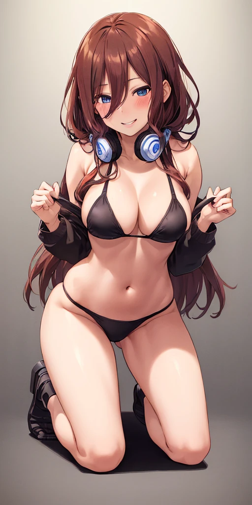 ((full body:1.4)), 1girl, solo, nakano miku, brown long hair, hair between eyes, headphones, ((wide smile:1.3)), ((kneeling:1.3)), (black bikini:1.3), large breasts, thighs, forest background, (blushing:1.2)