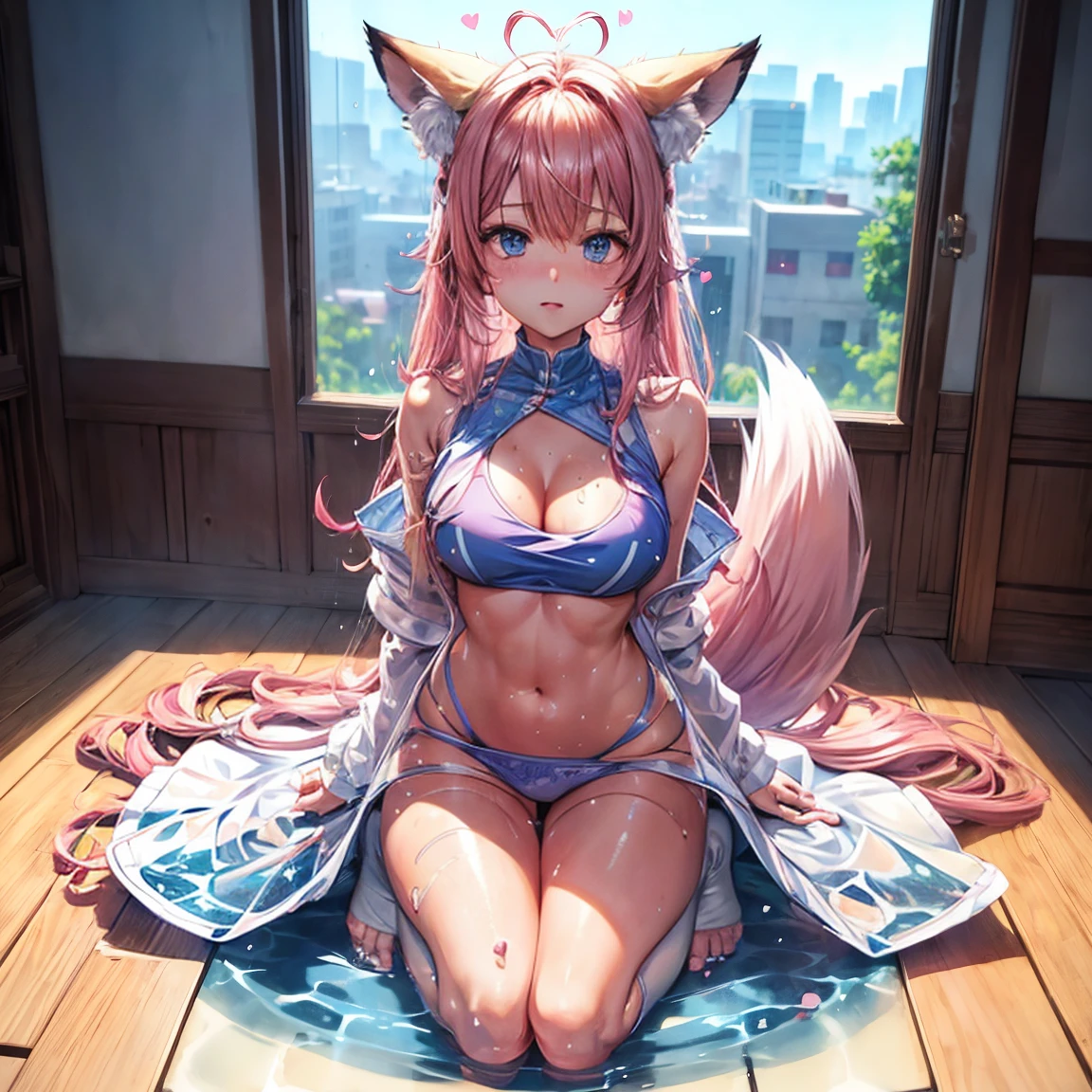 One girl anime styled。girl with。Blue eyes。 in estruig fox Tail。Looking at the camera,fox ear, pink hair, white crop top, fox tail, girl 18 old , utral light, sitting in the bedroom,hair hair, wear pantie, wear dress, salon,Wet and see-through、cute little、blushed、Chest cleavage、thighs thighs thighs thighs、No bra、witheout panties、high-level image quality、Vivid、high detailing、(( breast: 1.2)), ((blush face: 1.3)),((wet clothes:1.5)),wear white legwear,pink bikini,,((peeing:1.5)),((blushing face:1.4), (heart-shaped pupil:1.4), (sweaty:1.5), open months, ((full body))