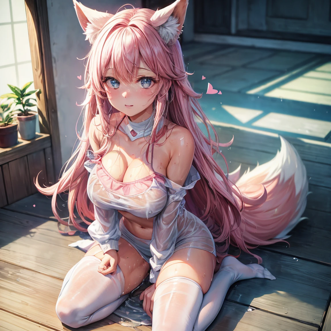 One girl anime styled。girl with。Blue eyes。 in estruig fox Tail。Looking at the camera,fox ear, pink hair, white crop top, fox tail, girl 18 old , utral light, sitting in the bedroom,hair hair, wear pantie, wear dress, salon,Wet and see-through、cute little、blushed、Chest cleavage、thighs thighs thighs thighs、No bra、witheout panties、high-level image quality、Vivid、high detailing、(( breast: 1.2)), ((blush face: 1.3)),((wet clothes:1.5)),wear white legwear,pink bikini,,((peeing:1.5)),((blushing face:1.4), (heart-shaped pupil:1.4), (sweaty:1.5), open months, ((full body))