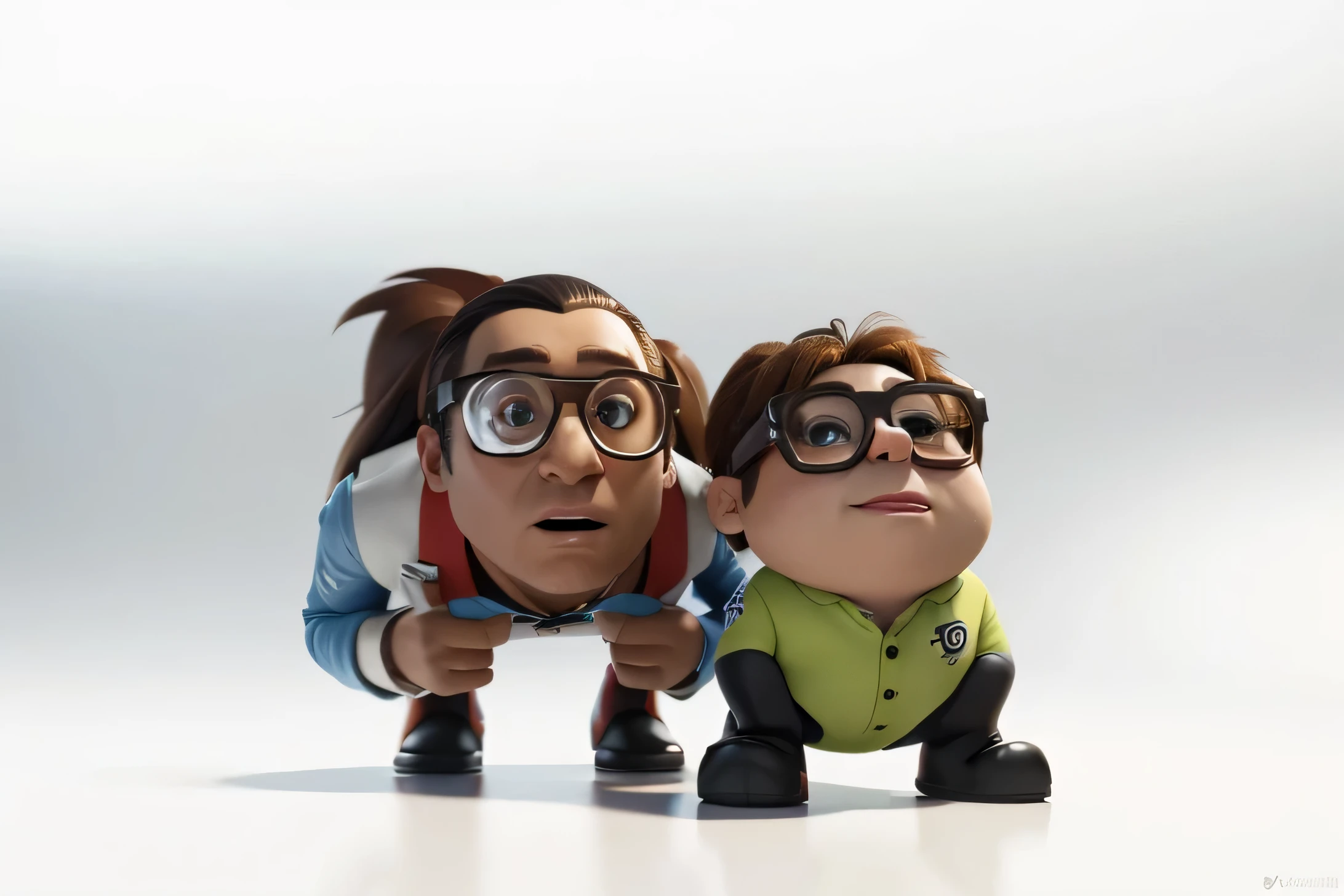 Cartoon character of a man wearing black glasses and a blue shirt, um personagem animado, Caractere estilizado, animation style rendering, 3D estilizado, Arnold Maya render, 3 d render stylized, toon render keyshot, Personagem 3D, Personagem 3D, 3d rendering stylized, 3 d character render, personagem de desenho animado, Personagem de close up, Pose de personagem, (Estilo Pixar) (master part:1.2) (Bokeh) (best quality) (pele detalhada) (textura detalhada) (8k) (argila) (Cinematic lighting) (foco nítido，Senta e vaza a parte superior do corpo, Indicated hand finger too large, medic, Consulting Behind, corpo inteiro