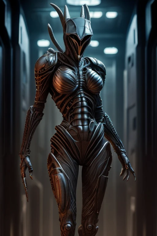 En un ambiente futurista y ciberpunk estilo Blade Runner, captures a medium shot from different angles of a blonde woman dressed in a xenomorph alien style suit, the full body woman is in attack position, Science fiction, hr giger muscles, biomechanical alien, armadura de Science fiction. musculoso, Design h.r. giger , metal torso, alíen xenomorfo