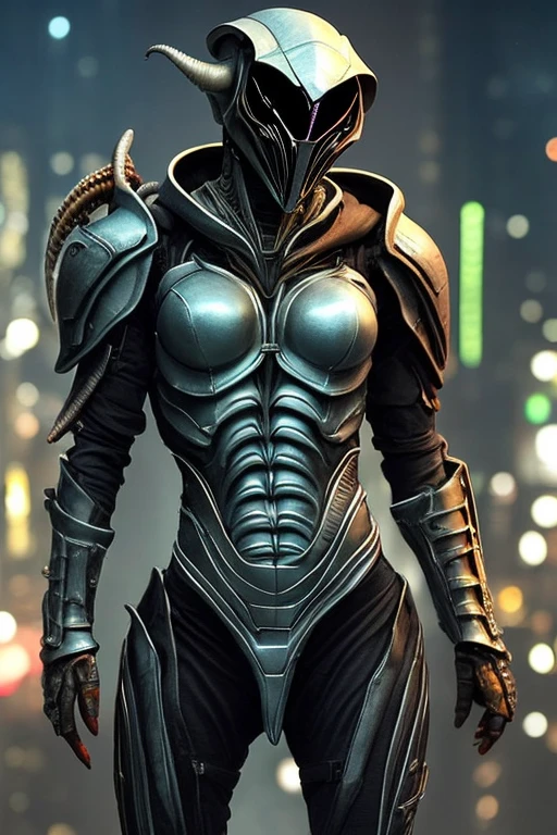 En un ambiente futurista y ciberpunk estilo Blade Runner, captures a medium shot from different angles of a blonde woman dressed in a xenomorph alien style suit, the full body woman is in attack position, Science fiction, hr giger muscles, biomechanical alien, armadura de Science fiction. musculoso, Design h.r. giger , metal torso, alíen xenomorfo