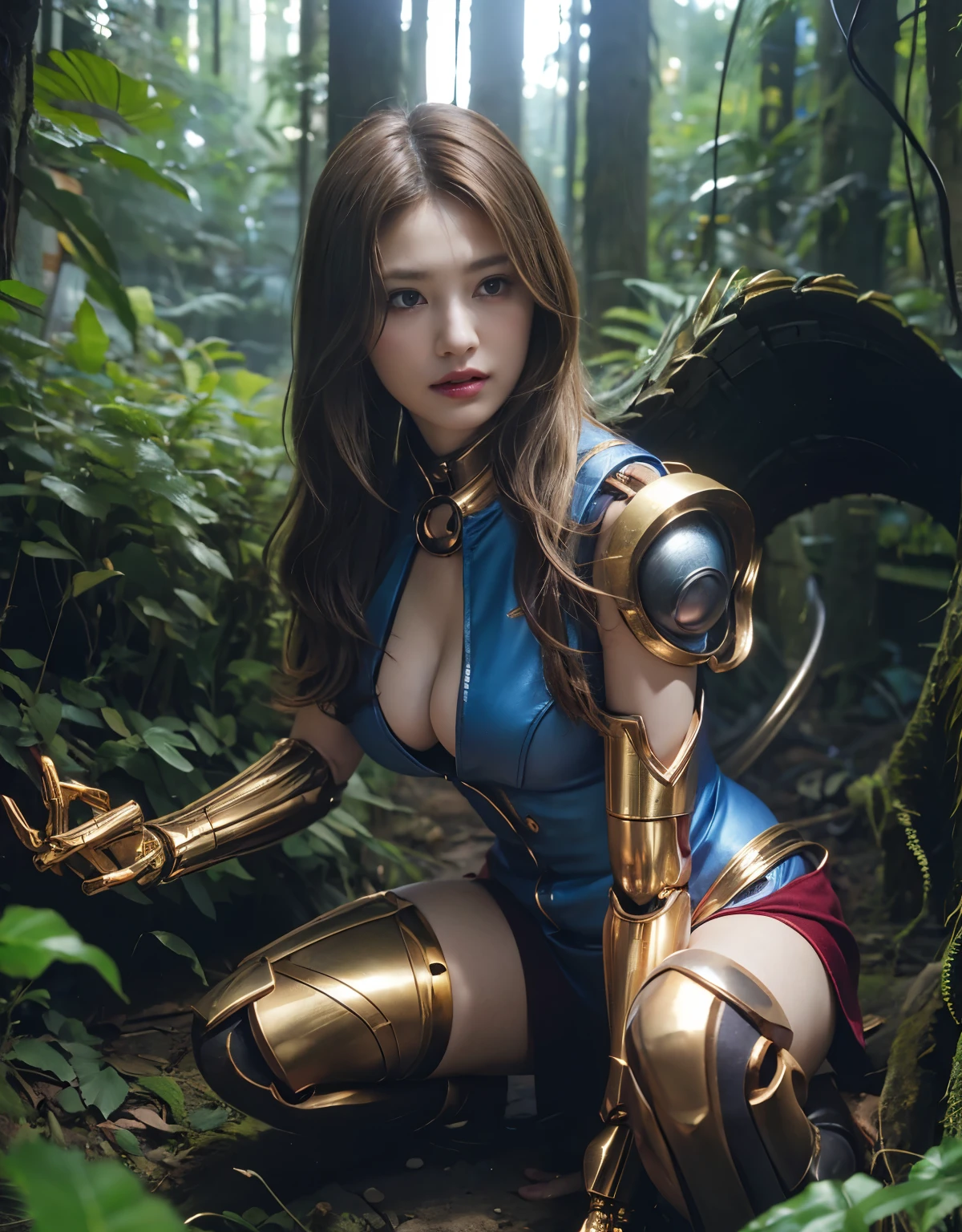 ((battle with monsters))、highest quality、masterpiece、ultra high resolution、(photorealistic:1.4)、Raw photo、1 girl、golden hair、Glossy skin、(((one mechanical girl)))、with a beautiful knife、(Blue Metal Bodysuit)、(beautiful forest background)、(battle with monsters)、(Small LED)、((Super realistic details))、vertical giant monster background),global illumination、shadow area、octane rendering、8K、ultra sharp、huge boobs、The bare skin of the cleavage is exposed、Metal、Intricate ornament details、japanese details、very intricate details、realistic light、CGSoation trends、red eyes、Eyes shining towards the camera、neon details、(Mechanical edge blood vessels connected to tubes)、Mechanical vertebrae attached to the back、mechanical neck that attaches to the neck、(Wires and cables connecting to the head)、gundam、Small LED、,mechanical thighs、thigh、(Hands are also made of machines)、(Attack of the Monster Beasts)、(Wounded in a deadly battle)、