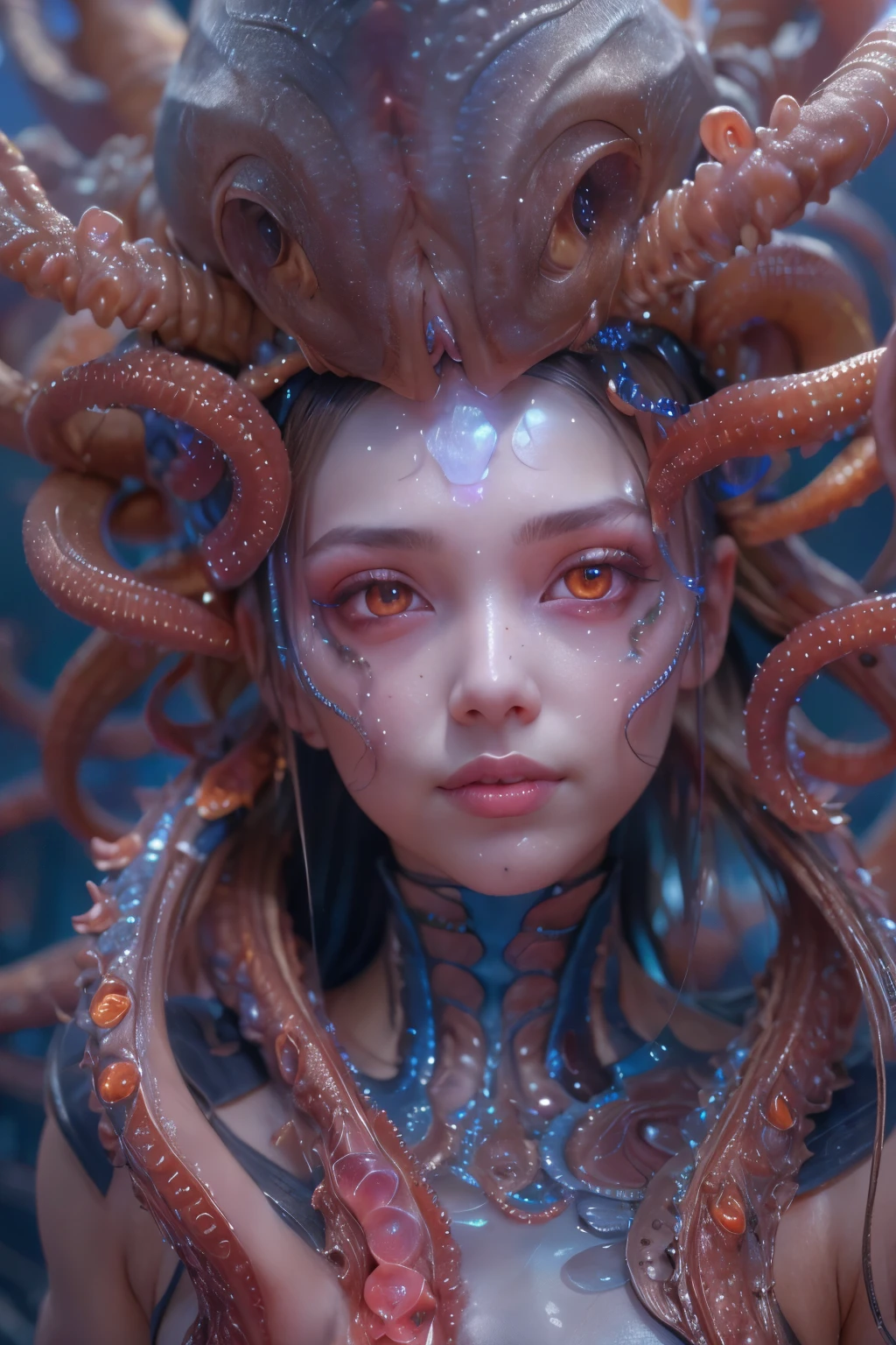 Portrait, (beautiful female alien:1.2),  (she has red eyes with no pupils:1.8), (Translucent skin:1.7),  (There is a female genital-like organ in the middle of the forehead:1.9), (The most beautiful face in the history of the universe:1.2),an evil gaze that seduces, (large mouth:1.1), (sharp teeth like a vampire:1.2), Full body portrait, (bio luminescent:1.5), (Smile wickedly:1.3),  (sexypose:1.5), alien, No humans, cells are fused, (Lots of translucent tentacles:1.3) extraterrestrial, cell, bio image, best quality, 8K,In 4K_quality, High freshness, Dramatic Lighting, masutepiece:1.5,cinematic quality, detail up, (exquisite details:1.2), high resolution, High freshness, drawing faithfully, (Thick eyebrows:1.2), Beautiful eyes with fine symmetry,(Highly detailed face and eyes:1.2), Intimate face, (Super detailed skin quality feeling:1.4), perfect anatomy,  (Beautiful toned body:1.5),  (Moist skin:1.2), not wearing makeup, (dark circles:1.1), long canines, cinematic drawing of characters, ultra high quality model, cinematic quality, detail up, (exquisite details:1.2), high resolution, High freshness, drawing faithfully, official art, Unity 8K Wall  , 8K Portrait, best quality, Very high resolution, ultra detailed artistic photography, midnight aura,  unreal enginee 5, Ultra Sharp Focus, art by alberto seveso, ArtGerm, Roisch, intricate artwork, best quality, masutepiece, ultra high resolution, (photos realistic:1.4), ultra realistic realism, dream-like,  nautilus, Creation of fantasy, Snail, Dream Snail,  (biopunk nautilus:1.3), Thrilling color schemes,ultra realistic realism, seductively smiling, Blue tentacles,