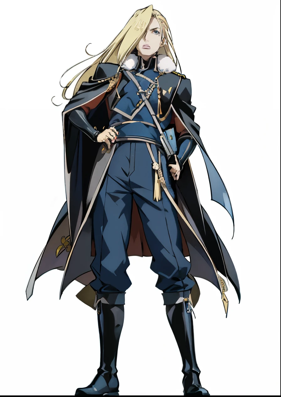 a man in a blue outfit and black cape standing, casimir art, masamune shiro, tall anime guy with blue eyes, inspired by Li Chevalier, picture of a male cleric, male anime character, joe biden as an anime villain, furio tedesschi, best anime character design, lucina from fire emblem, jrpg character art, jrpg character，Olivier Mira Armstrong，金色长头发，钢之炼金术师，女少将，军服，军刀，女硬汉，军大衣，女军人，金色长发女军人，女军人，金发女魔头