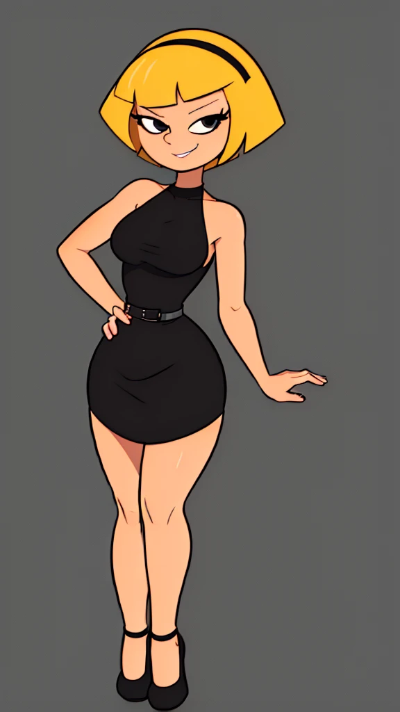 (masterpiece:1.4), (best quality:1.4), (high resolution:1.4), cartoon style, smile, short hair, blonde hair, bob cut, black hairband, bare shoulders, little black dress, black bodycon dress, looking at viewer, detailed face, detailed eyes, black eyes, medium breasts, slim, wide hips, dynamic pose, solo, 1 girl, fancy hotel background, 