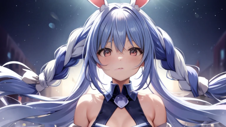 (shape: Used Pecora), Bunny girl, blue hair, twin braids, girl, alone, {{masterpiece}}, highest quality, Highly detailed CG Unity 8k wallpaper, cinematic lighting, Lens flare, beautiful detail eyes, side line, colorful light, particle,birthday