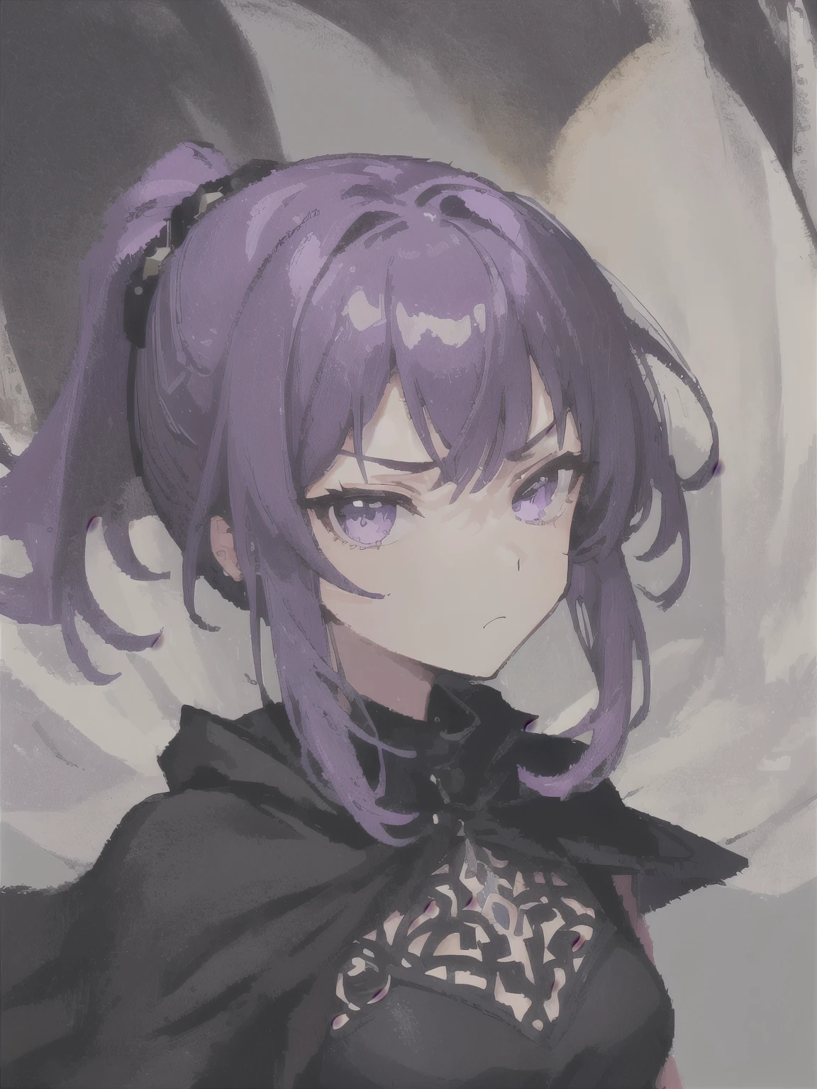 ((masterpiece)), ((ultra-detailed)), ((best quality)), ((intricate details)), ((1girl, solo)), midjourney, (close up shot, portrait:1.2), purple hair, purple eyes, black dress, starry cape, ponytail, purple aura, closed mouth, looking at viewer, side eye, glaring, tsurime