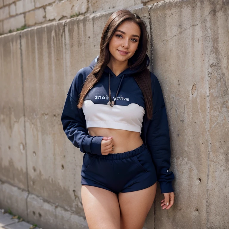 Jessica Degg short chubby face brunette long ponytail straight hair Caucasian freckles fake tan eyelashes dark eyes eyeshadow make up smiling jewellery short chains hooded sweatshirt small navy blue lycra shorts leaning on wall