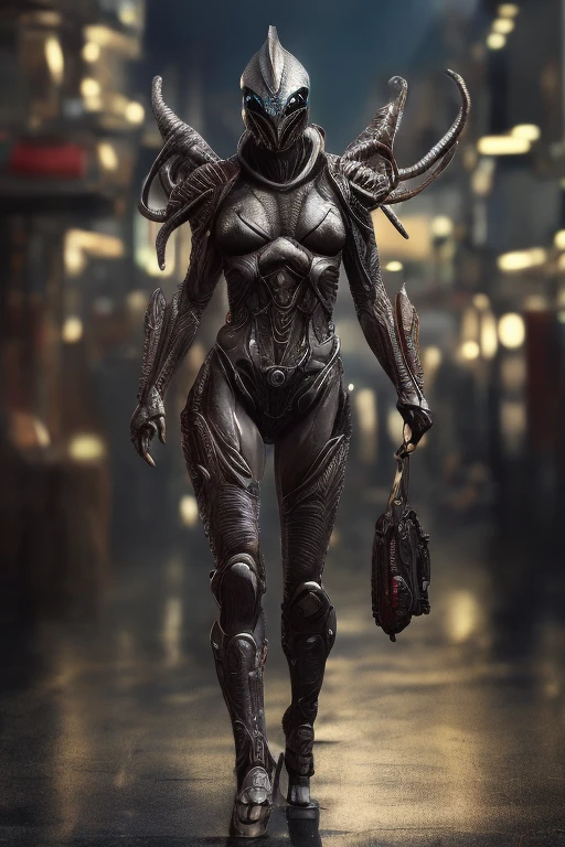 En un ambiente futurista y ciberpunk estilo Blade Runner, captures a medium shot from different angles of a blonde woman dressed in a xenomorph alien style suit, the full body woman is in attack position, Science fiction, hr giger muscles, biomechanical alien, armadura de Science fiction. musculoso, Design h.r. giger , metal torso, alíen xenomorfo