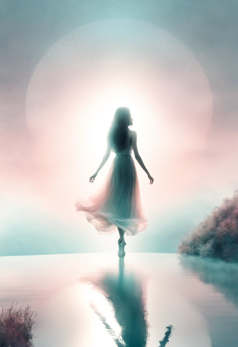 Against a backdrop of a matte gradient transitioning from misty gray to soft blush,a compelling double exposure picture that seamlessly merges the presence of a woman and the wonders of nature. Capture the harmony between the human form and the natural world, using light and shadow to accentuate their connection and create a visually striking narrative. the silhouette of the woman intricately entwined with psychedelic patterns takes form. Fine lines dance on the tranquil gradient, providing a captivating contrast against the vibrant intricacies. She steps into the composition, a captivating harmony of calm gradients and dynamic allure, digital rendering, trippy art, illustration., 3d render