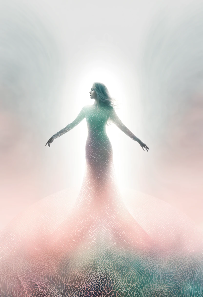 Against a backdrop of a matte gradient transitioning from misty gray to soft blush,a compelling double exposure picture that seamlessly merges the presence of a woman and the wonders of nature. Capture the harmony between the human form and the natural world, using light and shadow to accentuate their connection and create a visually striking narrative. the silhouette of the woman intricately entwined with psychedelic patterns takes form. Fine lines dance on the tranquil gradient, providing a captivating contrast against the vibrant intricacies. She steps into the composition, a captivating harmony of calm gradients and dynamic allure, digital rendering, trippy art, illustration., 3d render