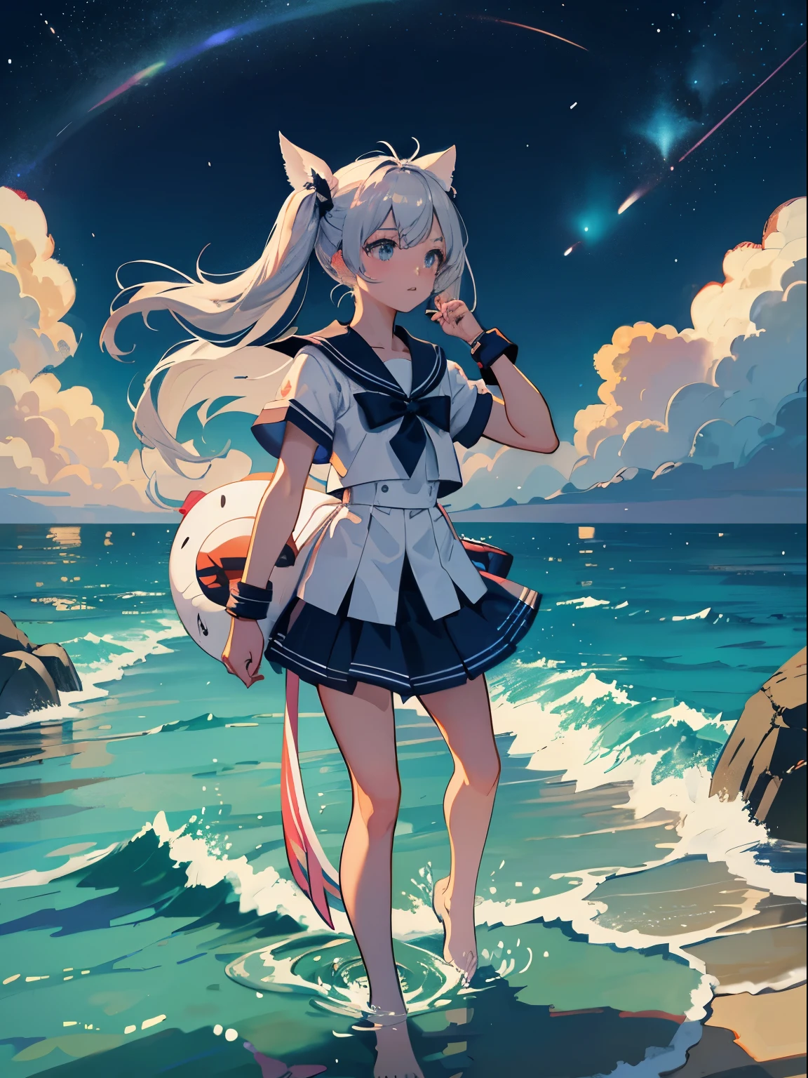 road by the sea,small and cute girl, sailor suit, summer vacation, Neon color, motorcycle,(long silver twin tails)master piece、high quality、Scenic spots、evening、starry sky、Incandescent effect、movie riding、Magical girl、Furry ears