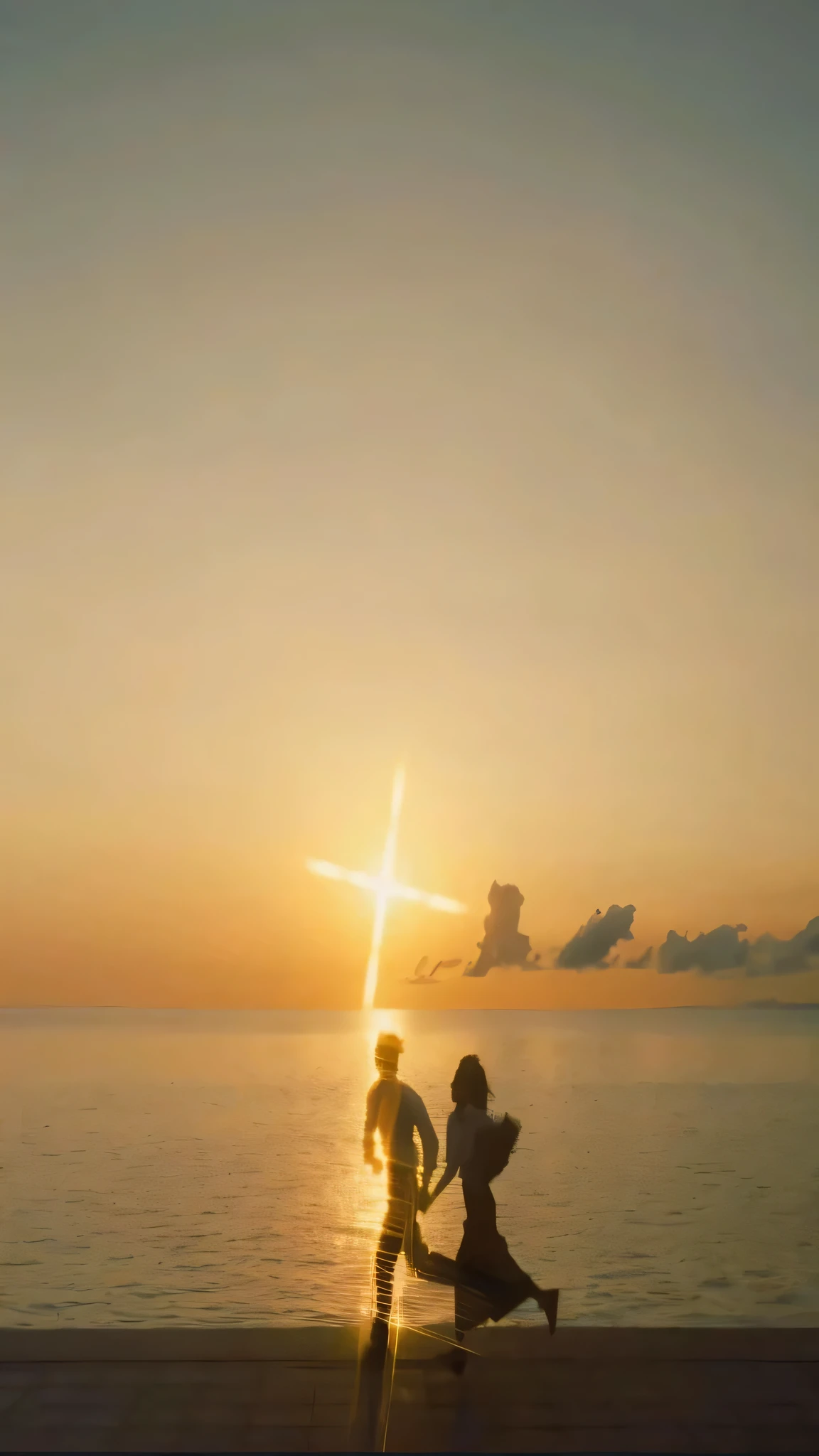 there  a man and woman running on the beach at sunset, gorgeous romantic sunset, with backdrop of god rays, with sunset, holy rays, holy, holy light rays, godly light, with a sunset, light of god, mobile wallpaper, beautiful daylight, christalized, holy light, heavenly light, amazing wallpaper, cross, love  begin of all