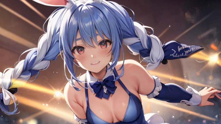 (shape: Used Pecora), Bunny girl, smile，blue hair, twin braids, girl, alone, {{masterpiece}}, highest quality, Highly detailed CG Unity 8k wallpaper, cinematic lighting, Lens flare, beautiful detail eyes,birthday