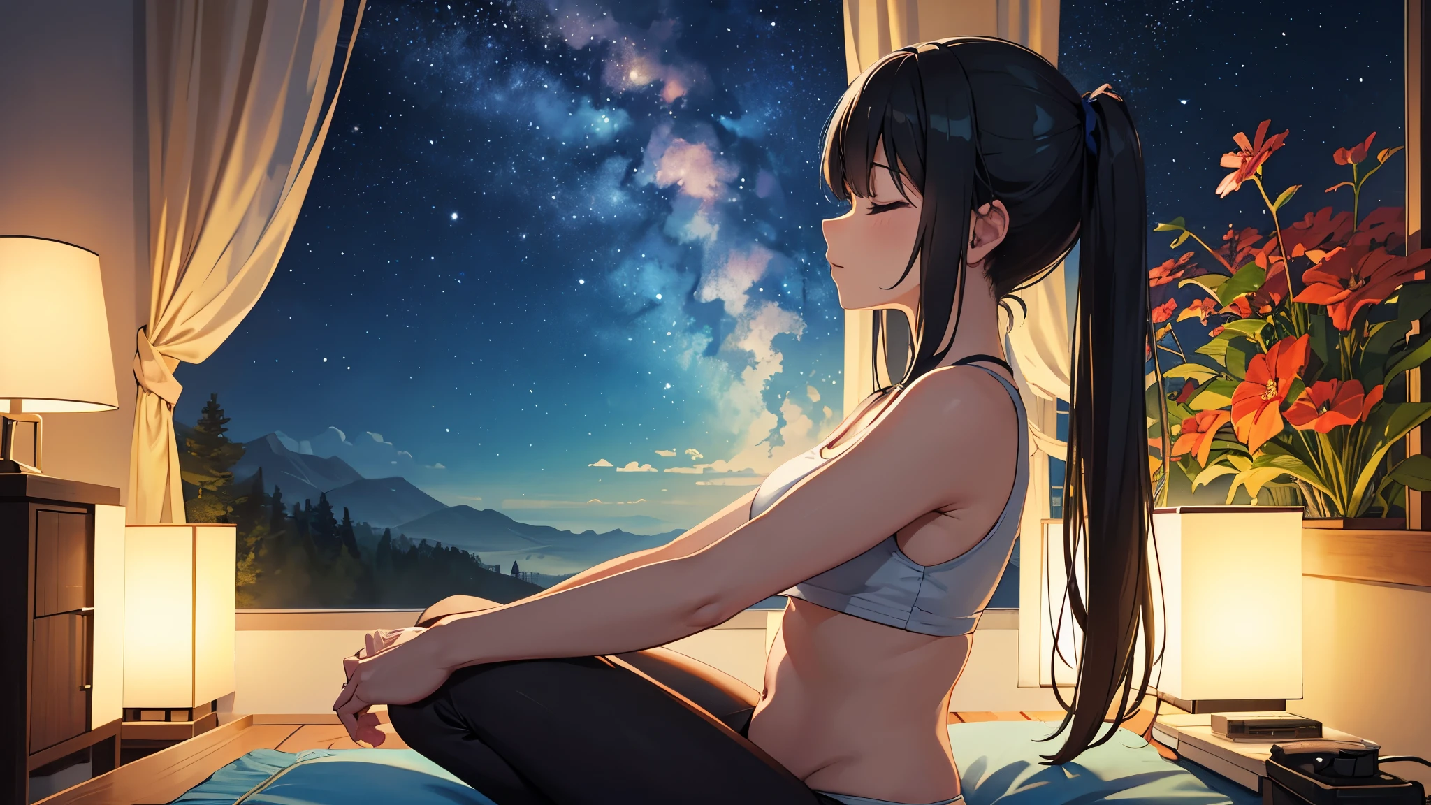 Girl sit in yoga pose at night closing her eyes feel the nature of ambient to reset her mind go deep inside her soul to communicate with alpha wave
