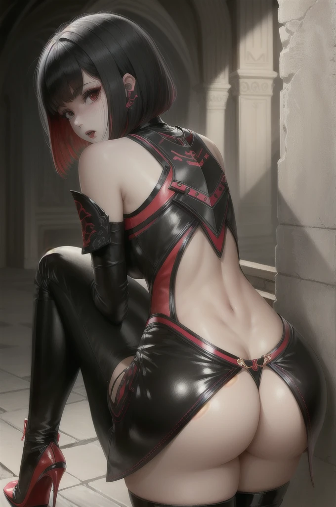 latex, from behind, 1girl, solo, 1girls, vampire, countess_\(paragon\), countess \(paragon\), paragon, red hair, bob cut, shiny, shiny skin, shiny clothes, 
