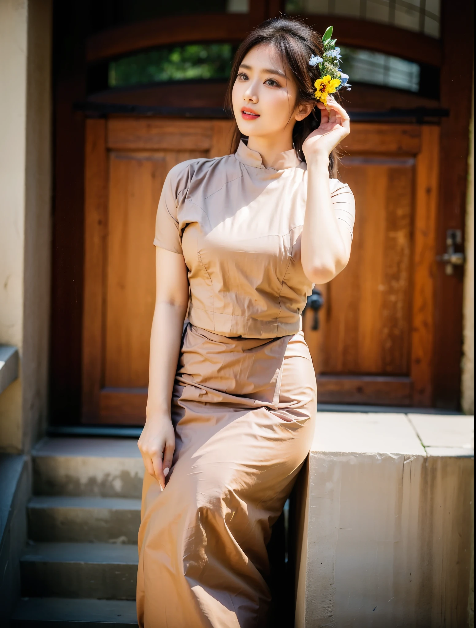 Asian woman in a skirt and white shirt standing on steps, traditional beauty, wearing beautiful clothes, traditional dress, acmm ss outfit, acmm long skirt, wearing acmm top, very attractive and beautiful, with lovely look, traditional clothes, very beautiful enga style,