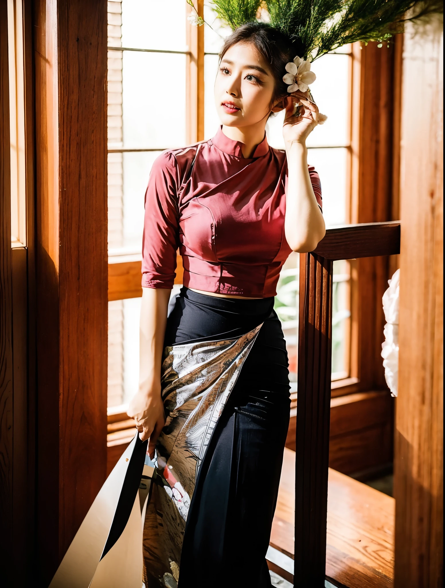 Asian woman in a skirt and white shirt standing on steps, traditional beauty, wearing beautiful clothes, traditional dress, acmm ss outfit, acmm long skirt, wearing acmm top, very attractive and beautiful, with lovely look, traditional clothes, very beautiful enga style,