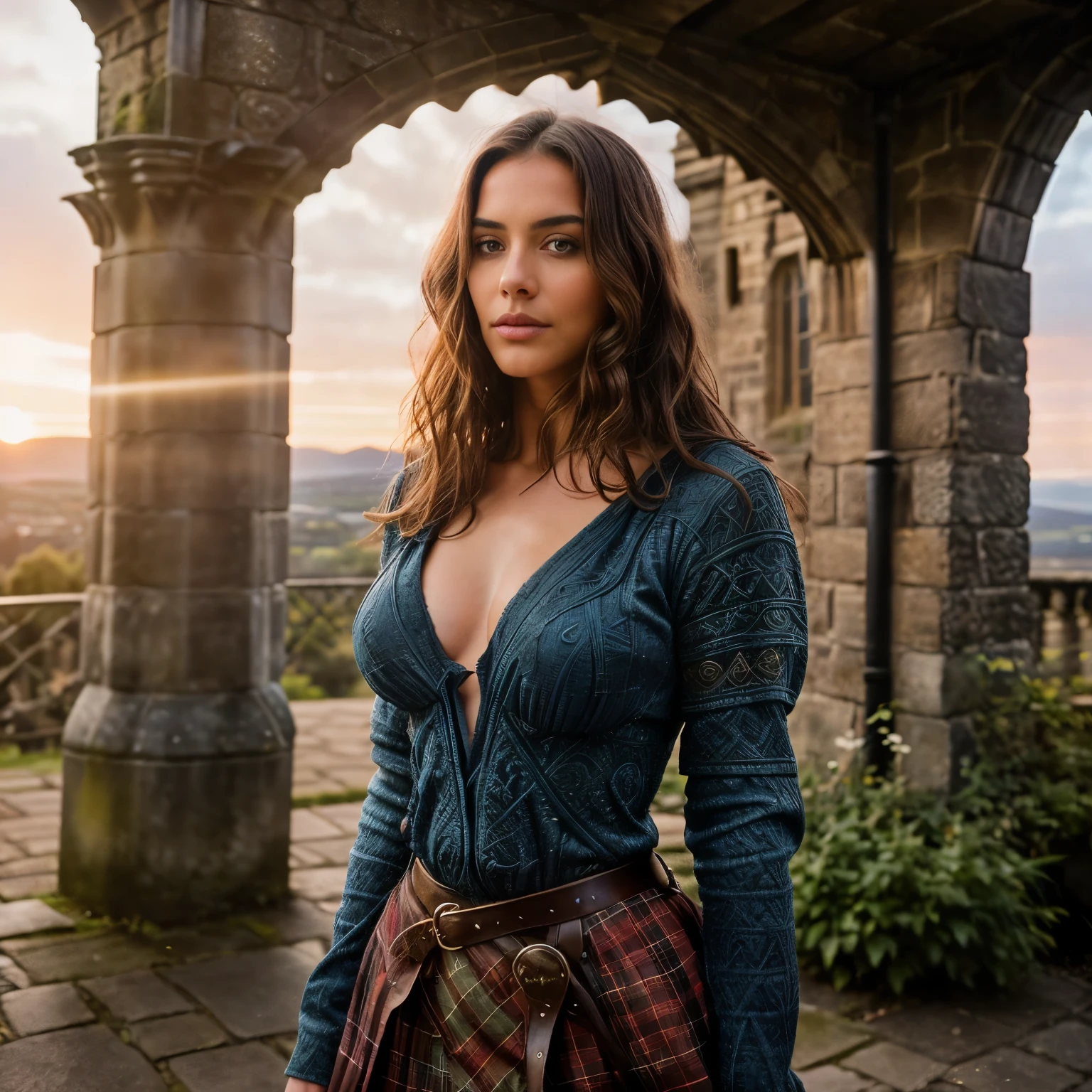 Buxom 22 year old brunette British girl holding a flaming torch she is standing on a hill lighting her way towards an old castle ruin up on a hill she is wearing a flowing white cotton blouse with cleavage wearing tight khaki pants, she is standing in a power pose holding an electric torch, there is a ruin of a castle high up on a hill and there is a storm brewing in the background it is night time.