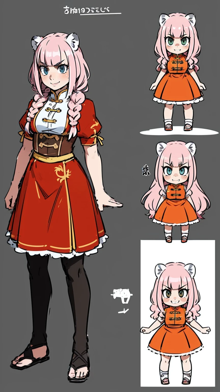 little girl, tiger ears, tiger tails, martial art, medium chest, pink hair, skirt, jacket, godess,1girl,coat,walking, solo focus.1character, holy catholic mountain,alone, full body, long skirt, smug smile, long skirt, victorian cloths, forest, portrait, victorian skirt,, flip flops, traditional chinese cloths,refsheet