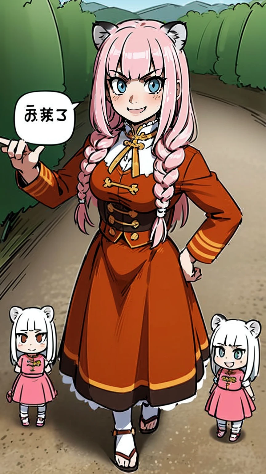 little girl, tiger ears, tiger tails, martial art, medium chest, pink hair, skirt, jacket, godess,1girl,coat,walking, solo focus.1character, holy catholic mountain,alone, full body, long skirt, smug smile, long skirt, victorian cloths, forest, portrait, victorian skirt,, flip flops, traditional chinese cloths,refsheet