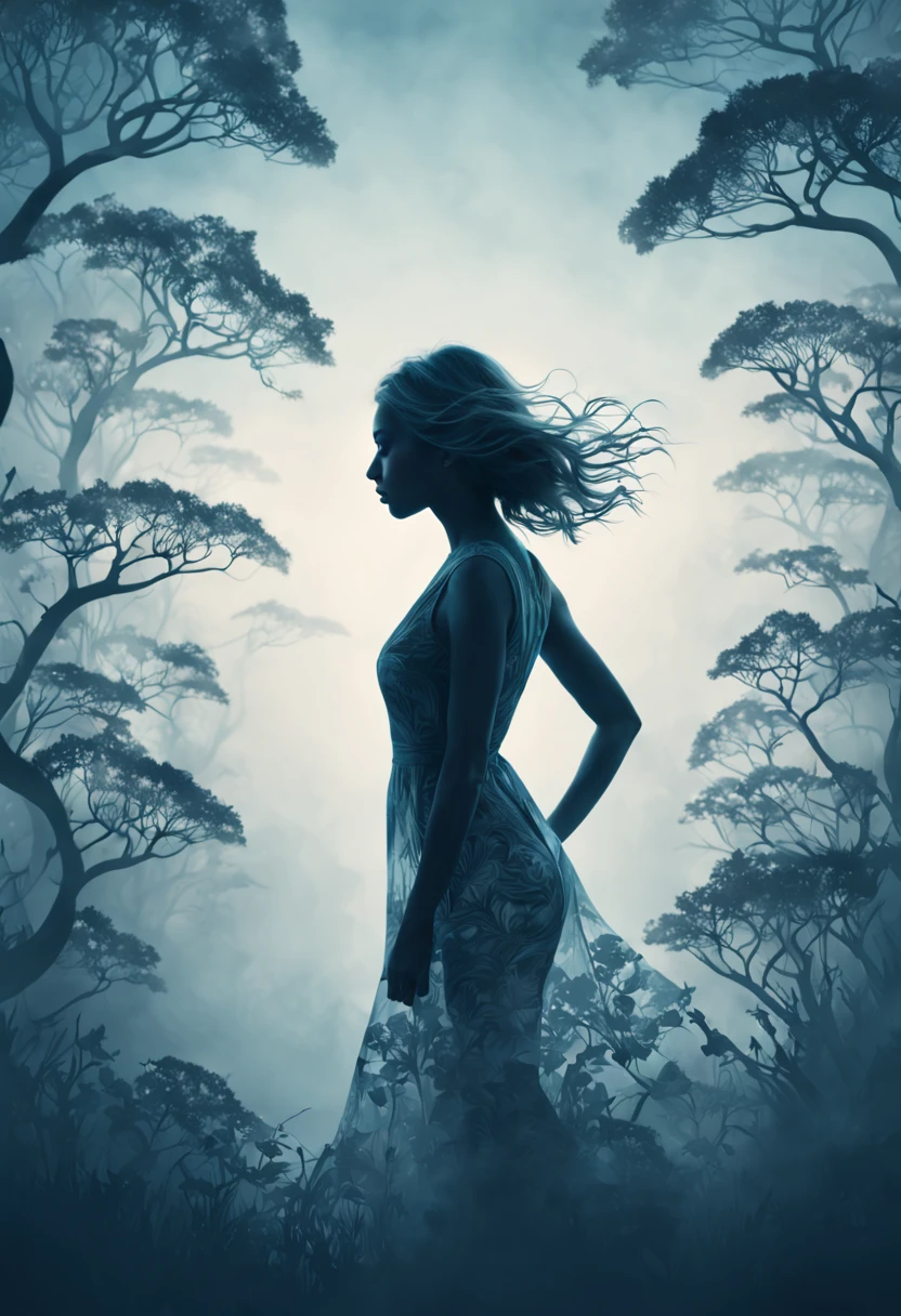 Against a backdrop of a matte gradient transitioning from misty blue to soft gray ,a compelling double exposure picture that seamlessly merges the presence of a woman and the wonders of nature. Capture the harmony between the human form and the natural world, using light and shadow to accentuate their connection and create a visually striking narrative. the silhouette of the woman intricately entwined with psychedelic patterns takes form. Fine lines dance on the tranquil gradient, providing a captivating contrast against the vibrant intricacies. She steps into the composition, a captivating harmony of calm gradients and dynamic allure, digital rendering, trippy art, illustration., 3d render