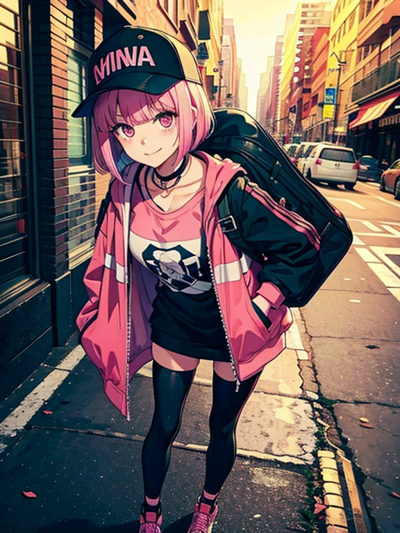 8k,((masterpiece)),((best quality)),1girl,solo,streetwear,model,pink hair,pink eyes,black baseball cap,neon street,standing,skinny body shape,smiling,from below,looking at viewer, full body,backpack,blunt bangs,bob cut