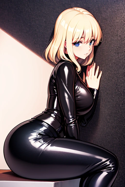 masterpiece, best quality, highres, dragon ball, android 18, blonde hair, short hair, medium breasts, smile, cowboy shot, top-quality、​masterpiece、lighting like a movie、Beautie、beautidful eyes、Beautiful skins、(ultra small tits:1.3)、long legged、real looking skin、(Very luxurious bed、Detailed background), short hair, ((standing)), skinny, ((((ass)))),(((((thick thighs))))), ((black bunny suit))