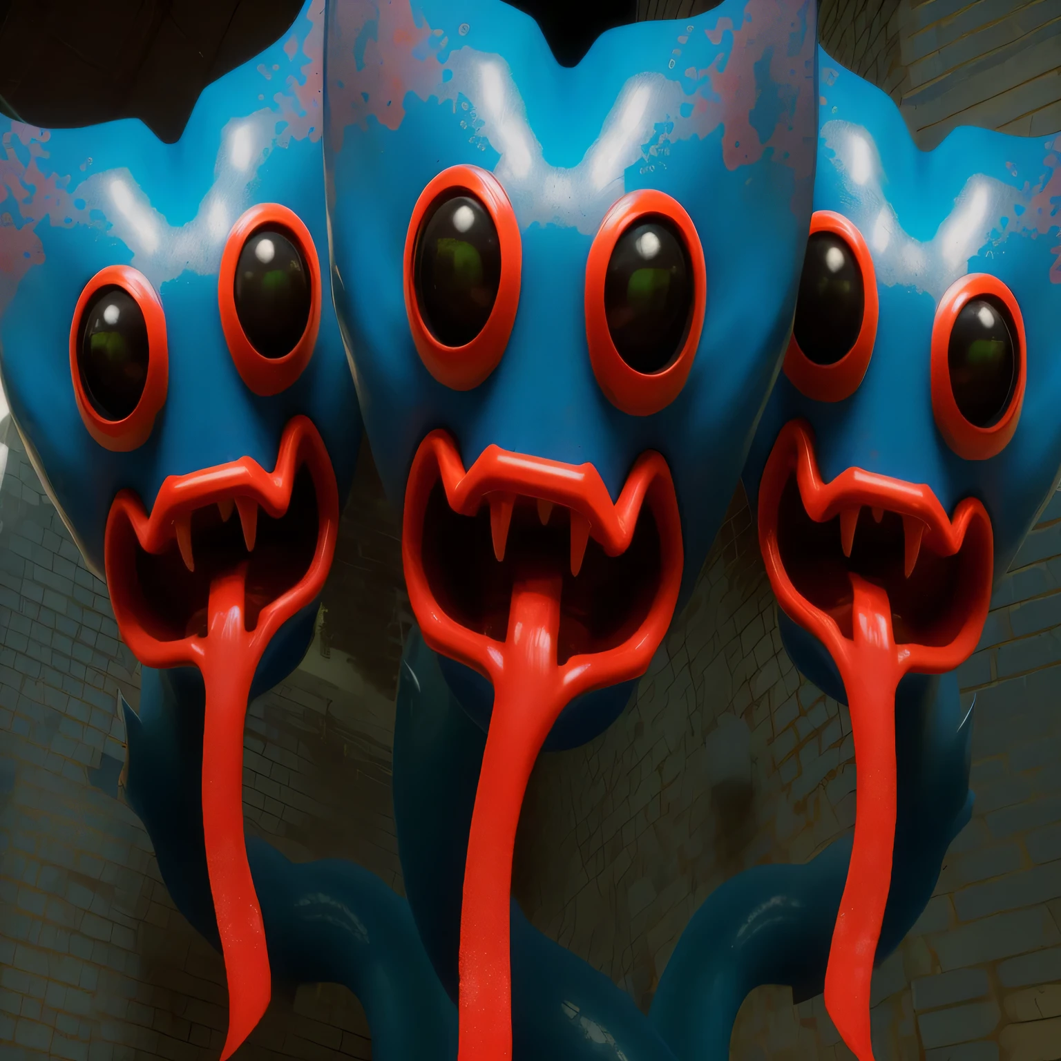 there are three blue and red plastic monsters with red mouths, susto, 4k acetate rendering, with a tentacle-shaped tongue, pointy teeth and multiple eyes, motor viscoso e irreal, 3d 8k acetate rendering, best susto scene, captura de tela do videogame, videogame ainda, super detailed rendering, motor irreal de rosto azul, o chamado de isaque