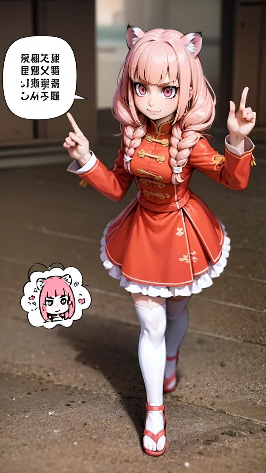 , tiger ears, tiger tails, martial art, medium chest, pink hair, skirt, jacket, godess,1girl,coat,walking, solo focus.1character, holy catholic mountain,alone, full body, long skirt, smug smile, long skirt, victorian cloths, forest, portrait, victorian skirt,, flip flops, traditional chinese cloths,refsheet