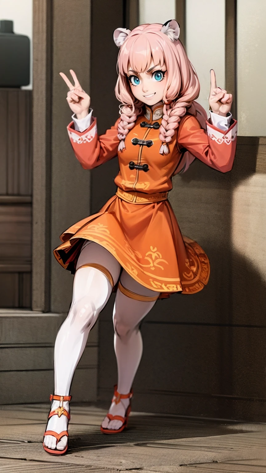 little girl, tiger ears, tiger tails, martial art, medium chest, pink hair, skirt, jacket, godess,1girl,coat,walking, solo focus.1character, holy catholic mountain,alone, full body, long skirt, smug smile, long skirt, victorian cloths, forest, portrait, victorian skirt,, flip flops, traditional chinese cloths,refsheet