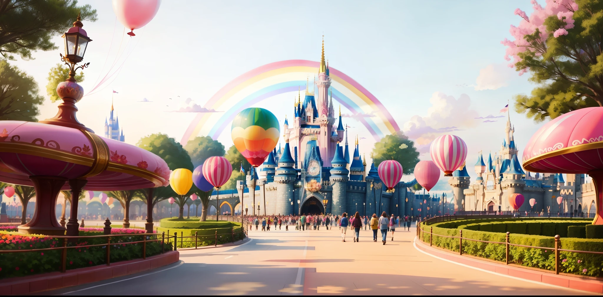 disney land, pink baloons, flowers, rainbow on sky