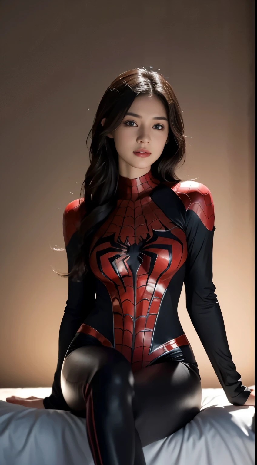 Skin Tight Black Top:1.2, Looking at Viewer, Cinematic lighting, Perfect, softlight, High resolution skin:1.2, Realistic skin texture, r, Asian girl, perfect eyes, perfect hands, perfect legs, perfect body, wearing tight costume, spiderman costume, superhero, sexy pose, Brown eyes, dark brown hair, half-nude, lay in the bed, bleeding in her lips, torn costume