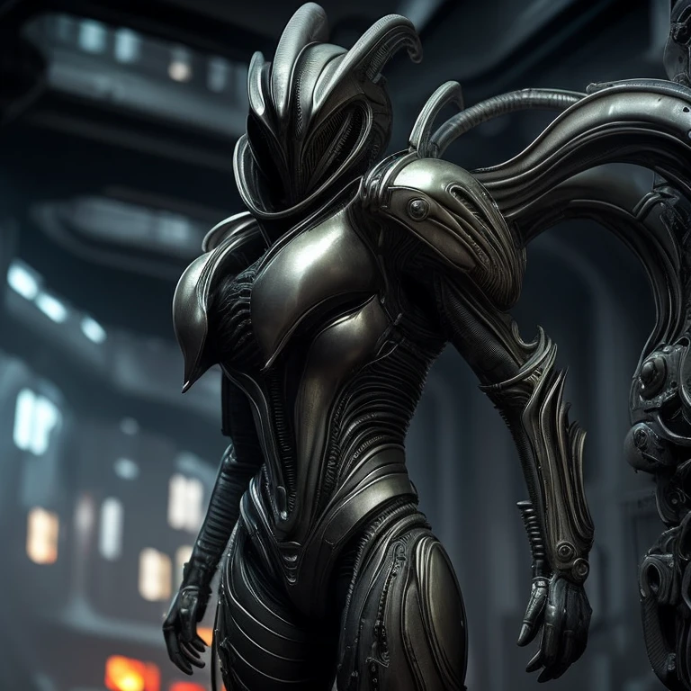 A female character, dressed in an alien tentacle\bone armor, immersed in a Lovecraftian atmosphere and creatures