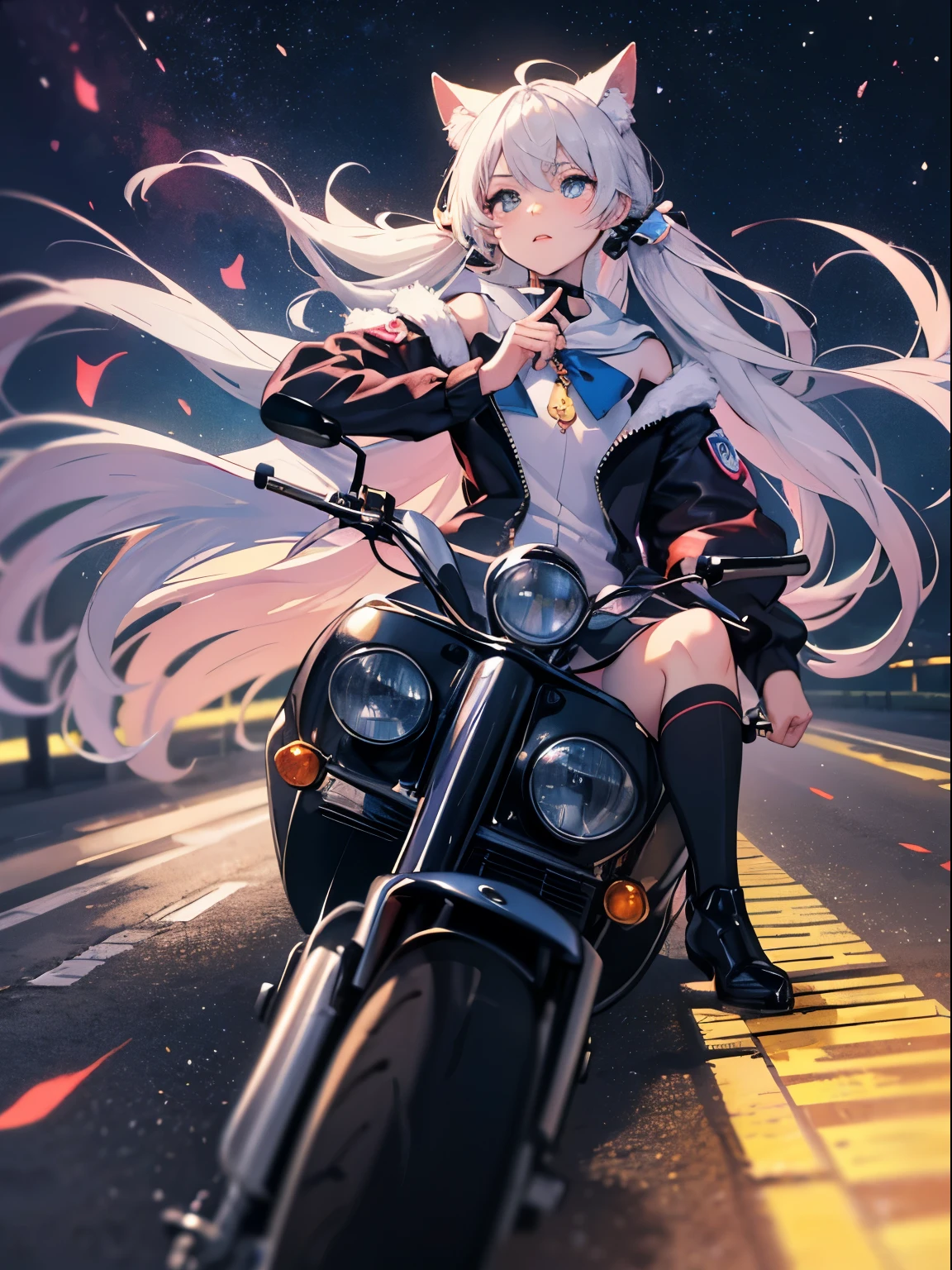 road by the sea,small and cute girl, glaring, summer vacation, Neon color, motorcycle,(long silver twin tails)master piece、high quality、Scenic spots、evening、starry sky、Incandescent effect、movie riding、Magical girl、Furry ears