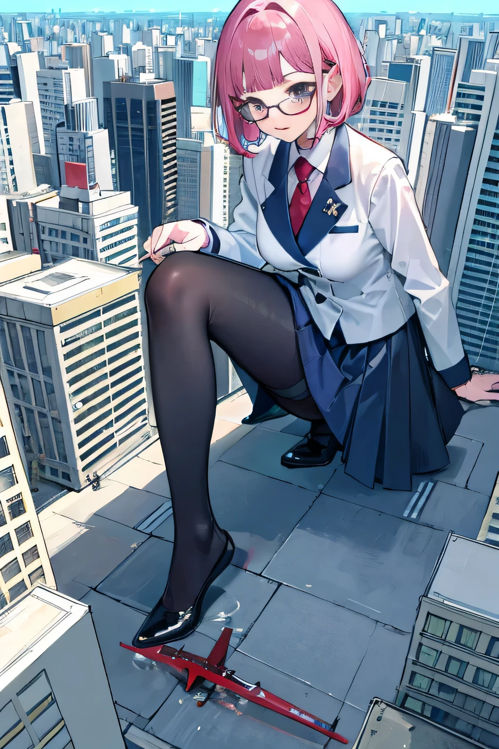 giantess art, surreal high school girl, 非常に詳細なGiantショット, Giant, short hair, black pantyhose, A gigantic high school girl that's much bigger than a skyscraper, wearing rimless glasses, big breasts, Navy blue blazer, Red tie, mini length skirt, black pantyhose, I don't wear shoes., very small metropolis, miniature metropolis, 足元までの高さしかないminiature metropolisで、Squatting down and urinating, The city is a sea of urine, tsunami of urine, Small trains and cars are being washed away by urine., full body description, gts, giga giantess, black pantyhose, pantyhose feet, pantyhose foot, ,stomping city,crash city,tiny city,micro city, peeing, crash aircraft carrier, tiny aircraft carrier, micro aircraft carrier,
