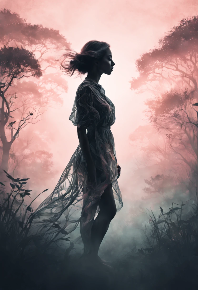 Against a backdrop of a matte gradient transitioning from misty gray to soft blush,a compelling double exposure picture that seamlessly merges the presence of a woman and the wonders of nature. Capture the harmony between the human form and the natural world, using light and shadow to accentuate their connection and create a visually striking narrative. the silhouette of the woman intricately entwined with psychedelic patterns takes form. Fine lines dance on the tranquil gradient, providing a captivating contrast against the vibrant intricacies. She steps into the composition, a captivating harmony of calm gradients and dynamic allure, digital rendering, trippy art, illustration., 3d render