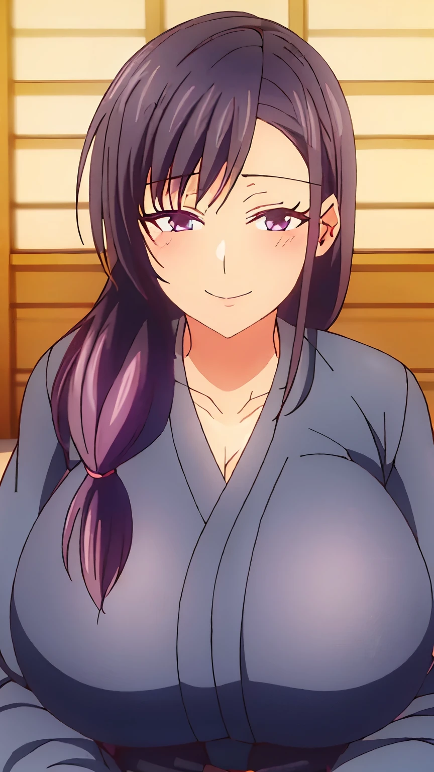 1 girl dark purple hair, very big breasts, sexy body, smiling, wearing a