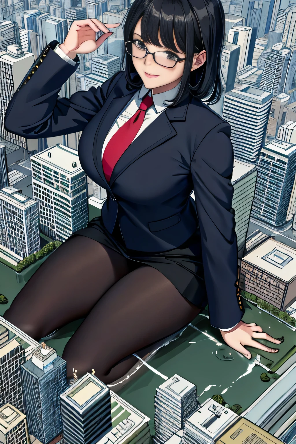 Giant娘 art, surreal high school girl, 非常に詳細なGiantショット, Giant, short hair, a huge high school girl、&#39;It&#39;s much bigger than a skyscraper, wearing rimless glasses, big breasts, big ass, navy blue blazer, red tie, mini length skirt, black pantyhose, Don't wear shoes., miniature metropolis, attacked by very small fighter jets, ＧＴＳ, giga Giant娘, Giant娘, crash lighter jet, small light jet aircraft, microreuter jet, large propeller airplane,