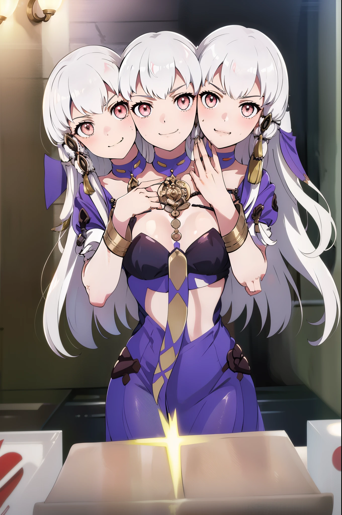 (lysithea), (3heads:1.5), looking at viewer, smug, long white hair, action pose, casting magic