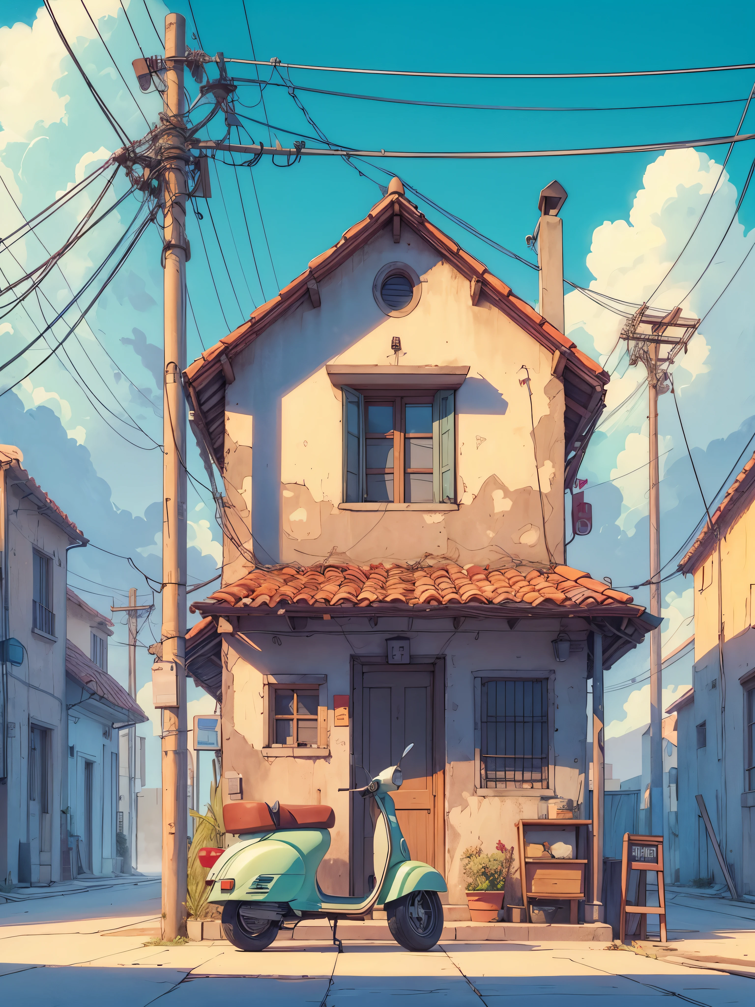Draw an anime simple art scene of a old Italian hut with scooter parked outside, wires and poles, windy, cloudy sky, no human, vibrant color tones, dim light, masterpiece
