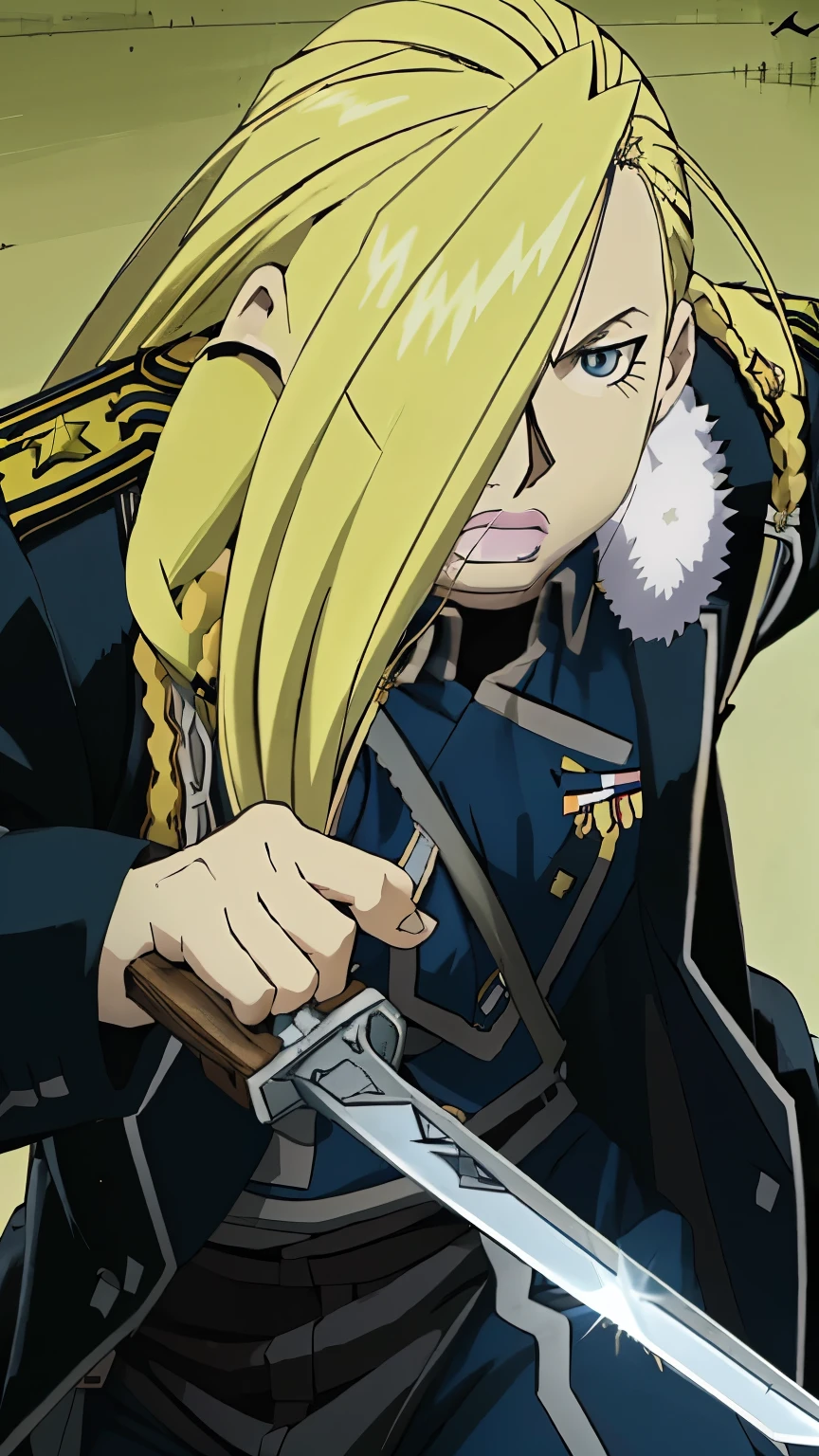 anime character with sword in hand and a black coat, inspired by Li Chevalier, furio tedesschi, in full metal alchemist, beautiful androgynous prince, alphonse musha, alucard, while holding a sword, with large sword, sebastian michaelis, elric of melnibone, delicate androgynous prince，Olivier Mira Armstrong，long blonde hair，Fullmetal Alchemist，female major general，uniform，saber，Female tough guy，military coat，female soldier，金色长发female soldier，female soldier，Blonde devil，big sister