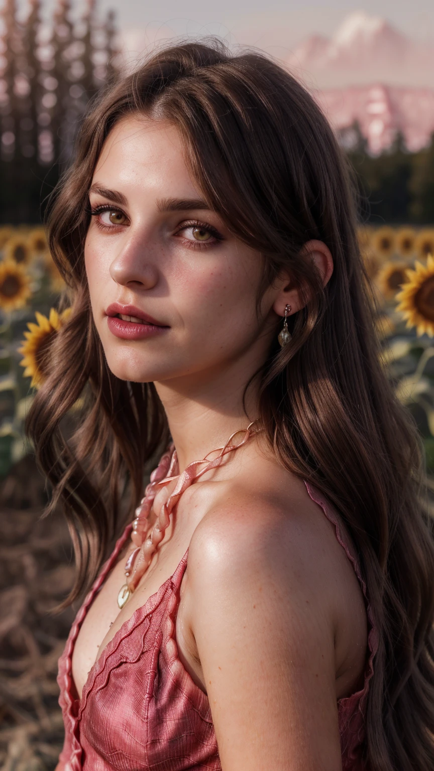 Wavy brown hair, (RAW photo, realism: 1.8), (very dark lip gloss, jet pink lipstick, many eyelashes, dark black eye shadow, shy, blushing, high quality, high resolution, depth of field, chromatic aberration, caustic, wide light, natural colors, 20 year old woman), necklaces, chokers, earrings, bracelets, wear many accessories, style A good woman,l, silk pink shirt, upper body, beautiful skin, lots of exposure, very  line, looks delicious, lips that make you want to kiss, scruffy futon, sunflower farm field, golden sun in background, 