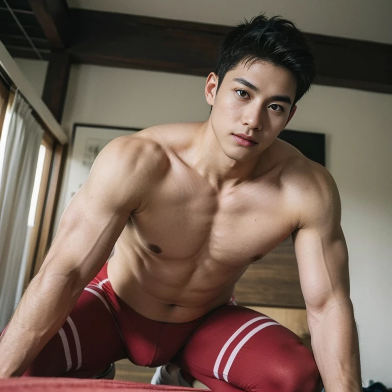 ((Best Quality, 8K, ultra-detailed, Masterpiece: 1.3)), 1boy, shiny skin, sharp, Perfect Body Beauty, realistic shaded perfect body, (cute baby face:1.1),("wrestling wear, big bulge ":1.2),(dynamic pose:1.1), thiulge focus:1.2) , all fours , Watching Viewers True 8K light and shadow