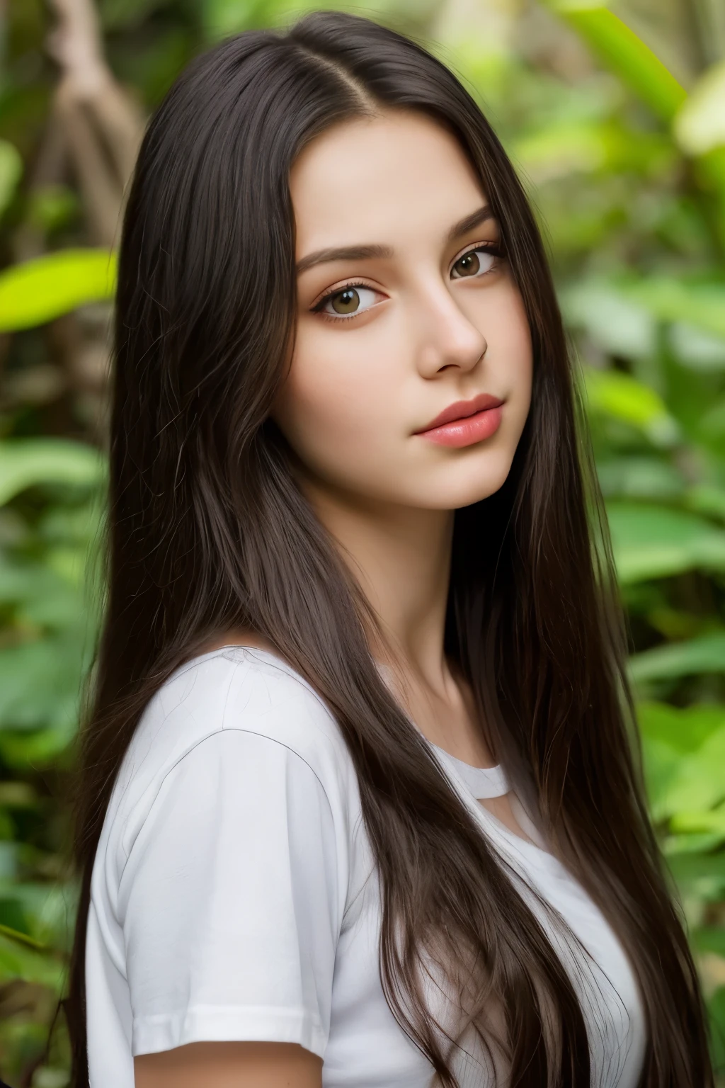 "A photorealistic portrait of a 21-year-old slovanian girl with long, flowing black hair and striking brown eyes, white t-Shart. She should have a natural, approachable expression, The background should be a scenic outdoor setting, perhaps a beach. Naturale jungle.