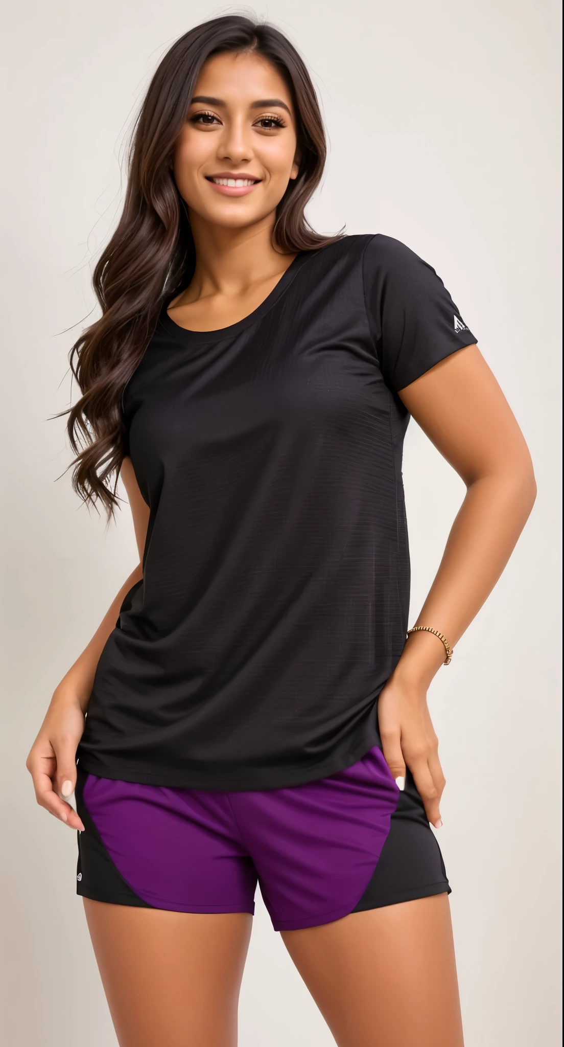 a woman in a Preto shirt and purple shorts posing for a picture, camisa de malha, mais tamanho, camiseta, manga curta, Preto top, camiseta esportiva, roupas esportivas, Preto t shirt, malika favre, Preto, roupas esportivas, wearing Preto tshirt, Preto shirt, brasileiro, tamanho grande, fernanda suarez, Onyx